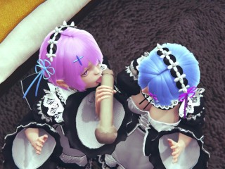 Ram and Rem lick a big cock together