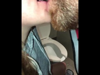 POV Blowjob CIM Cum Swapping Couple Cum Kiss In A Public Washroom At The Mall After She Goes Pee