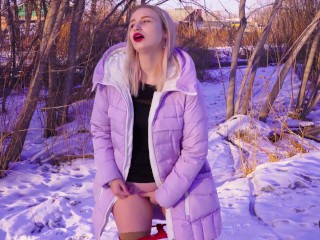 Girl in Down Jacket Masturbates Outdoors in Winter.