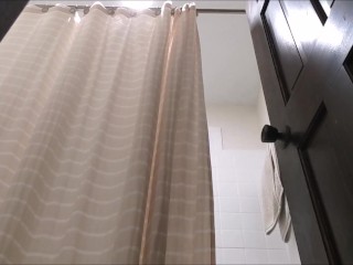 Thicc trans girl with perky tits fucks herself in a steamy shower