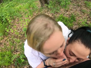 Two Girlfriends Suck Cock in the Woods - Threesome Outdoor Blowjob - Public POV