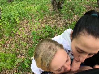 Two Girlfriends Suck Cock in the Woods - Threesome Outdoor Blowjob - Public POV