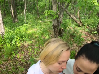 Two Girlfriends Suck Cock in the Woods - Threesome Outdoor Blowjob - Public POV