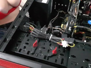 Gamer girl fixing computer - Nip slip