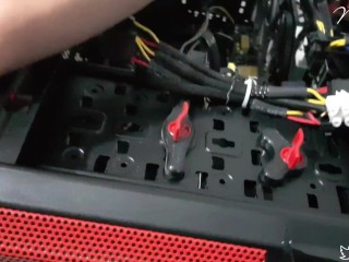 Gamer girl fixing computer - Nip slip
