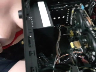 Gamer girl fixing computer - Nip slip