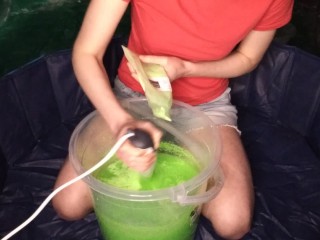 Naughty Jennifer pours gunge over her head in t-shirt & shorts