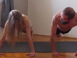 Workout yoga exercise together for the first time