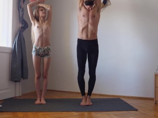 Workout yoga exercise together for the first time