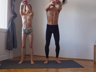 Workout yoga exercise together for the first time