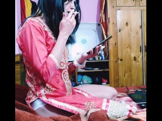 Waiting For Tips During Web Cam Show Smoking Cigarette