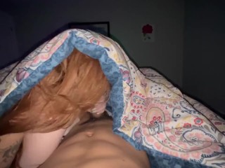 POV getting head from a college redhead nympho in her parents bed while we Gotta stay quiet.