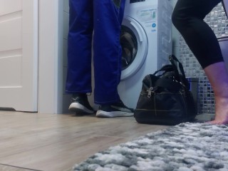 The PLUMBER fucks the Housewife with her head stuck in the washing machine
