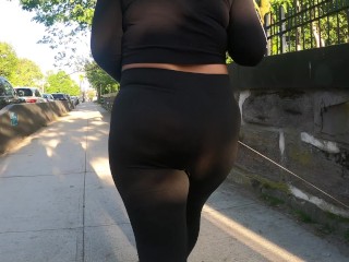 Wife in See Through Black Tights walking the dog