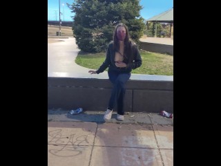 Naughty Wife Flashes at the Skate Park While a Stranger Walks By