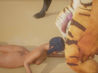 Tiger and Panther mouth fucks girl