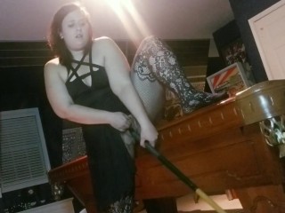 Chubby girl fucks self with pool stick on pool table till she squirts