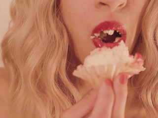 Sexy Blonde Brazilian Practices Blowjob Tongue Teases On Cupcake Frosting Food Fetish Licks