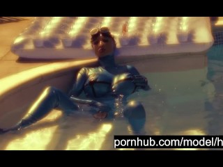 Hot Girl With Big Boobs Full Encased In Blue Latex Catsuit Plays In Pearl Sheen Pool - Part 1