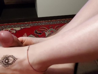 footjob solesjob in red toes tattoo feet, on the sofa , cum on feet💦💦