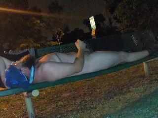 Rubbing my cock on a public bench while pissing on myself