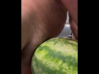 Horny Asian guy fucking a melon and filling it up with cum