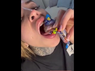 Your giantess Ashley eats gummies and shows you her tongue and throat