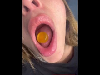 Your giantess Ashley eats gummies and shows you her tongue and throat