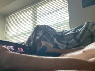 Watching porn in the living room while everyone upstairs huge cum in shorts WATCH END