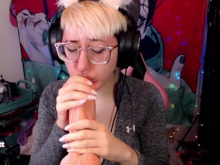 Choking down huge dildo; gagging on cock