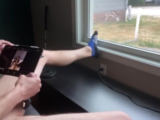 Watching baby play with her pussy for daddy in front of an open window CAUGHT HUGE cumshot