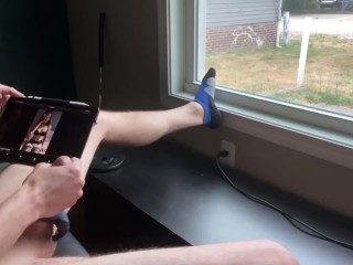 Watching baby play with her pussy for daddy in front of an open window CAUGHT HUGE cumshot