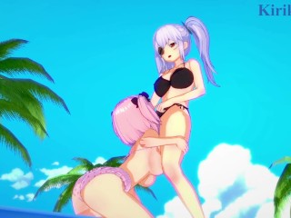 Yagyū and Hibari engage in intense lesbian play on the beach. - Senran Kagura Hentai