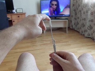 Double deep urethral insertion of a 11 mm rosebud cock sounding rod and a small urethral plug