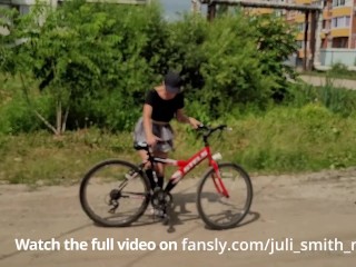 Follow the girl cyclist who rides without panties under her skirt