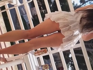 Up Dress NO PANTIES at Hotel Balcony # Public Pussy tanning and watering