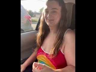 MILF Driving With Big Tits Out in City Pulls Over to Rub Pussy