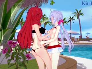 Kanade Amō and Chris Yukine engage in intense lesbian play in the pool. - Symphogear Hentai