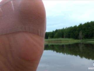 Mistress Feet In Flesh-Colored Pantyhose Teasing On The Forest Lake