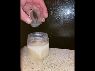 Pouring a fresh load of my cum into my frozen cum jar