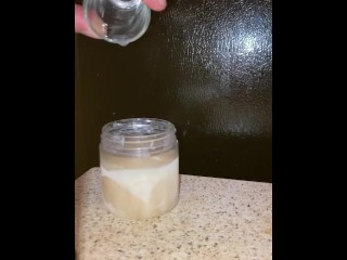 Pouring a fresh load of my cum into my frozen cum jar