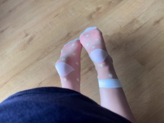 Showing my feet in new Sexy White Nylon Socks - amateur foot fetish