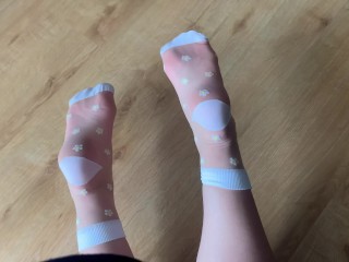 Showing my feet in new Sexy White Nylon Socks - amateur foot fetish