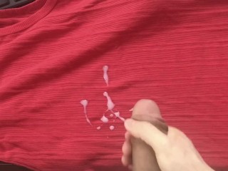 My uncircumcised dick cum on my red shirt