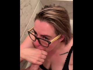 Nerdy slut sucks cock and takes facial