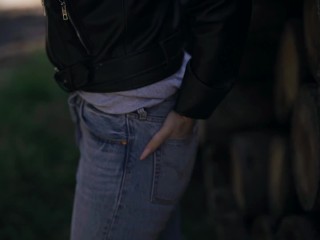 Risky Public blowjob in the forest in leather Jacket and Jeans. Polish Truu Couple