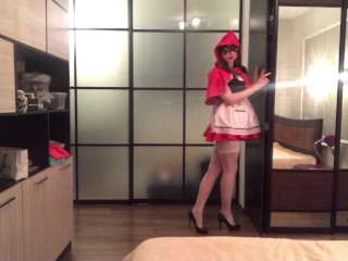 White stockings high heels cosplay costume Halloween role play sexy Red Riding Hood hot reality girl