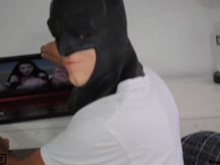Batman gets caught jerking off to Aria Khaide's foot porn so she gives him sloppy head