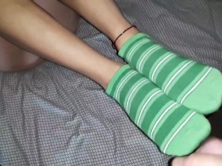 Shooting some sauce on her socks after sex