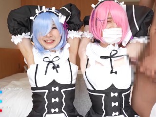 Japanese girls gives a guy an armpitjob and handjob with anime cosplay.